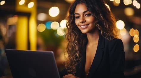 Mujer de negocios morena feliz usando computadora portátil sonriendo