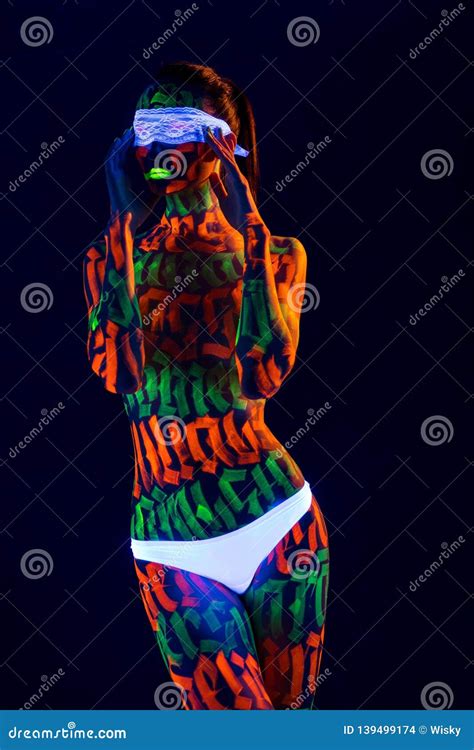 Nude Model In Ultraviolet Signs In Darkness Stock Photo Image Of