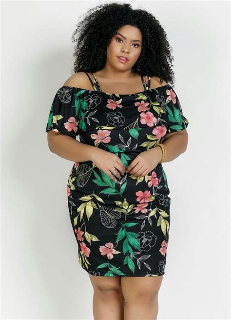 Vestido Floral Preto Com Babado Plus Size Marguerite