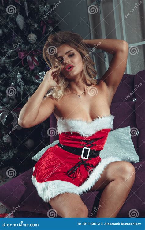 Beautiful Blonde Santa Clause In Elegant Panties Hat And Bra Fashion Portrait Of Model Girl