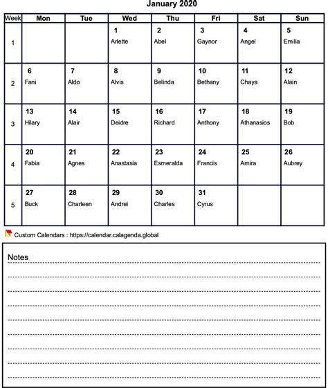 Calendar Monthly 2020 With Notes And Week Numbers