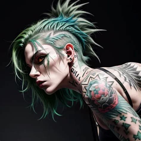 Dopamine Girl Punk Women Green Hair Tattoos A Lot Of Piercing