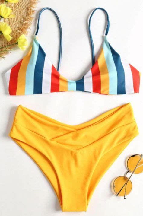 Yellow Rainbow Stripe Bikini Set Bikinis Striped Bikini Swimsuits