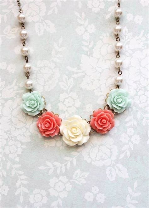 Rose Bridal Necklace Coral And Mint Aqua Statement Necklace Etsy