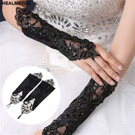 Black Lace Long Gloves Stretch Fingerless Embroidered Evening Wedding