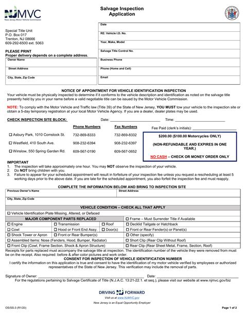 NJ MVC Form OS 3 Salvage Inspection Application Forms Docs 2023