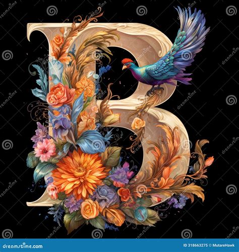 Floral Capital Letter B With Birds And Flowers Hand Drawn Illustration