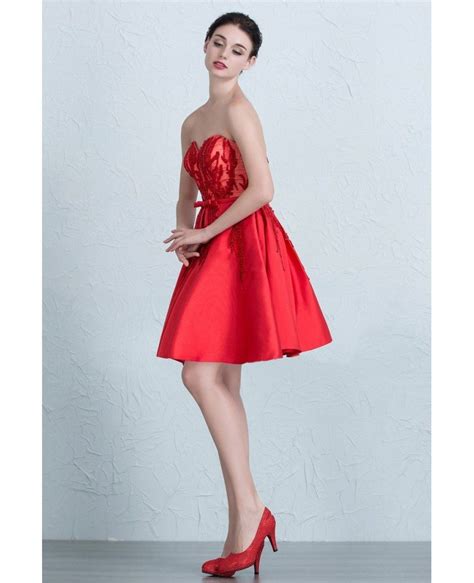 Red Beaded Sweetheart Satin Short Party Dress With Corset Back Epj11