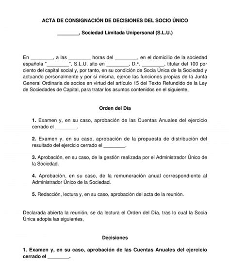 Acta De Decisiones Del Socio O Accionista Nico