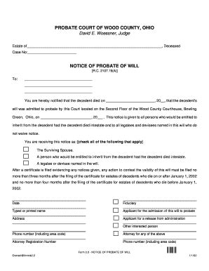 Fillable Online Probate Court Co Wood Oh Notice Of Probate Of Will