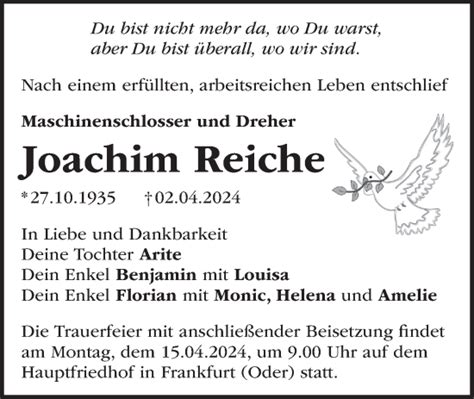 Traueranzeigen von Joachim Reiche Märkische Onlinezeitung Trauerportal