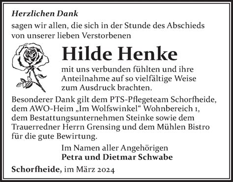 Traueranzeigen von Hilde Henke Märkische Onlinezeitung Trauerportal