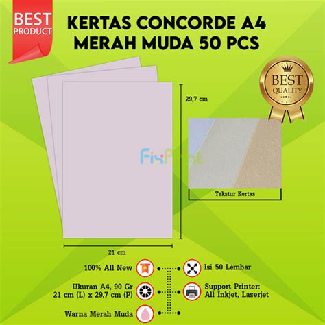 Jual Kertas Concord A4 90gr 1pack isi 50 Lembar Merah Muda 210mm x ...