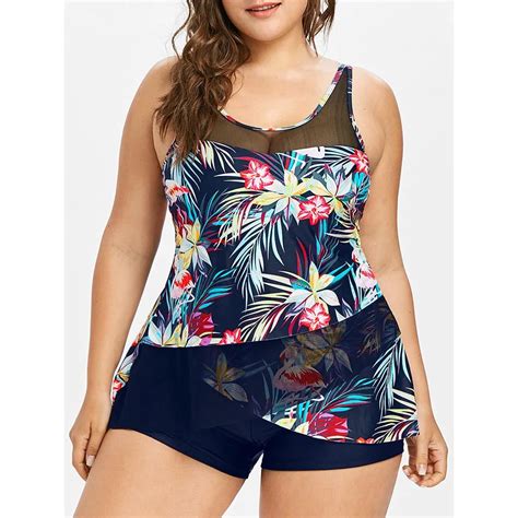 Rosegal Plus Size Flamingo Asymmetrical Tankini Sexy Mesh Floral