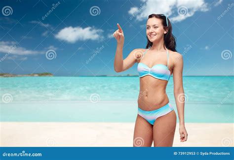 Happy Woman In Bikini Swimsuit Pointing Finger Stock Image Image Of