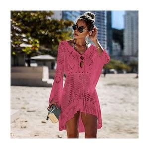 Crochet Summer Beach Bikini Cover Up Dress With Long Flare Sleeves