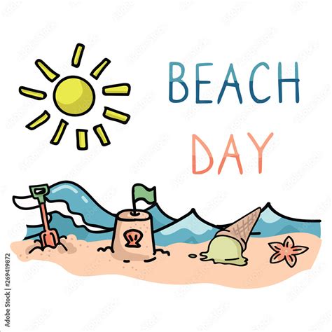 Cute sunny beach day cartoon vector illustration motif set. Hand drawn ...