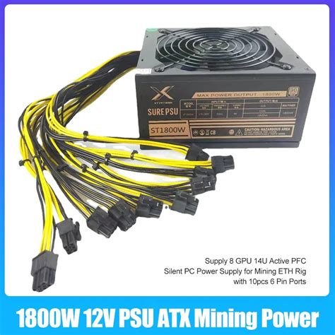 1800W 12V PSU ATX Mining Power Supply 8 GPU 14U Active PFC Silent PC