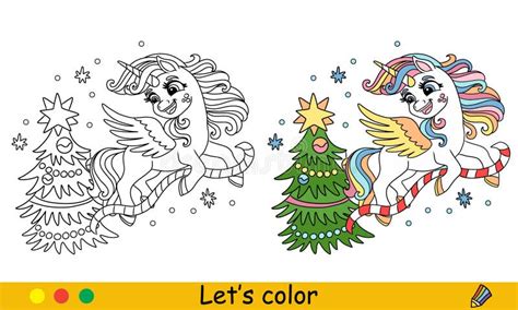 Kids Coloring Cute Unicorn Decorating Christmas Tree Vector Stock