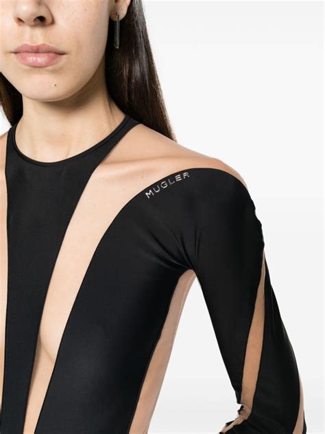 Mugler Illusion Sheer Panel Bodysuit Black FARFETCH