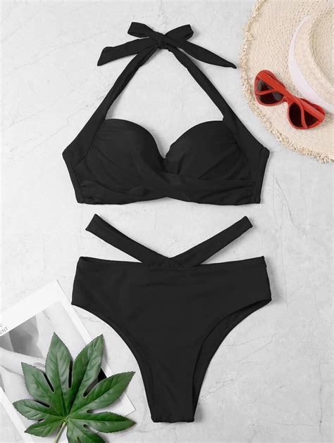 Shein Swim Conjunto De Bikini Unicolor Sujetador Push Up Con Parte