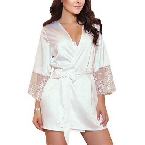 Midwennn Women Sexy Silk Kimono Satin Dressing Gown Bath Robe Lace Lingerie Nightdress Women