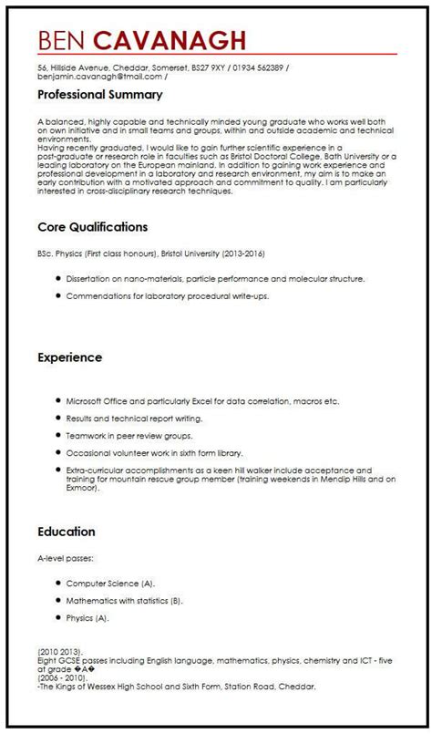 Cv Example For Graduate Students Myperfectcv