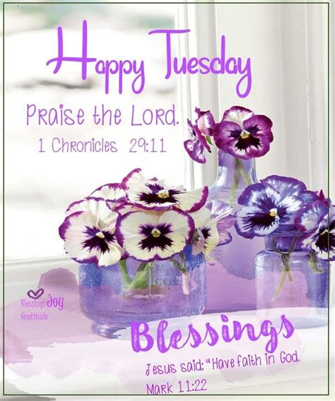 Purple And White Flowers Are In Vases With The Words Happy Tuesday