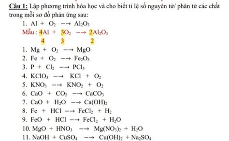 Câu 1 Lập PTHH cho biết tỉ lệ số nguyên tử phân tử các chất trong mỗi