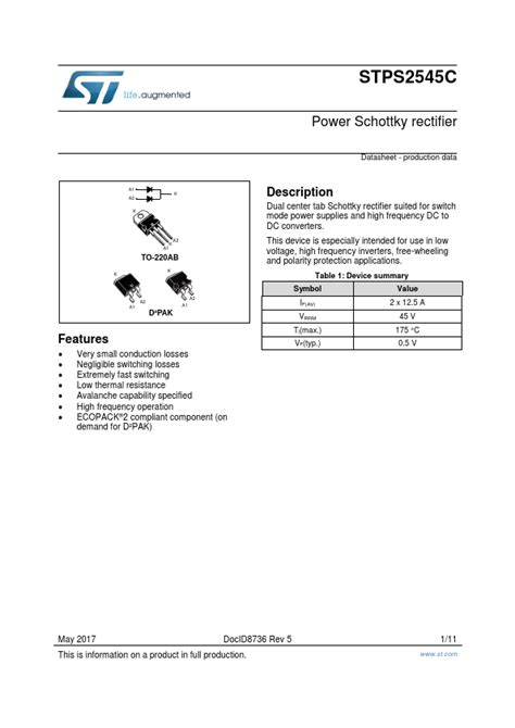 STPS2545CT DataSheet STMicroelectronics