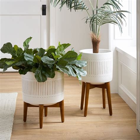 Mid Century Turned Wood Leg Planters White And Gold West Elm Australia