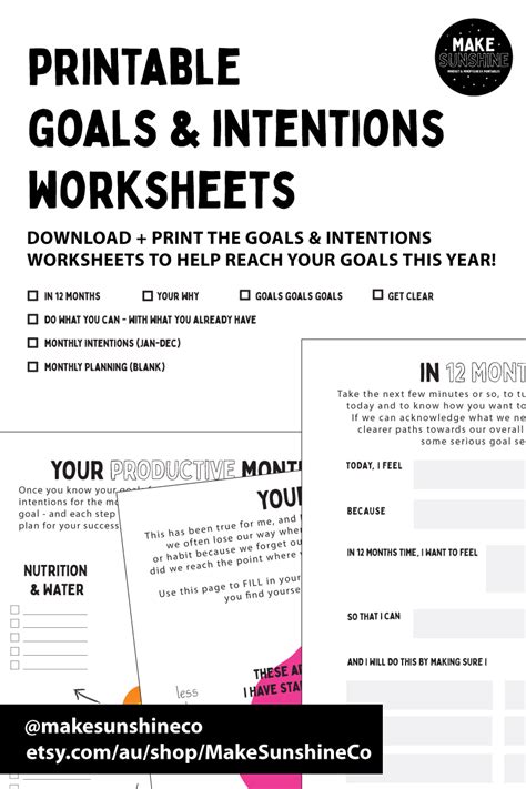 Printable Goals And Intentions Worksheets To Reach Your Goals Etsy Intentions Printables Set