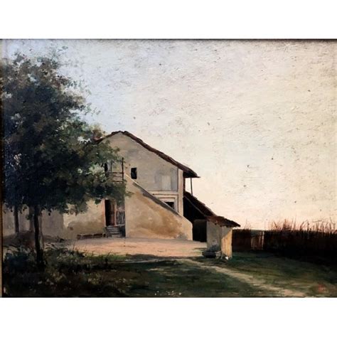 Antico Quadro Dipinto Olio Paesaggio Rurale Cascina Campagna Cortile