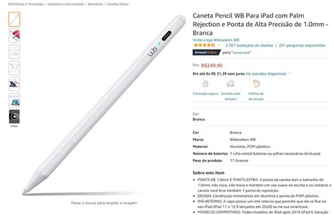 Caneta Pencil Wb Para Apple Ipad Palm Rejection E Ponta De Alta