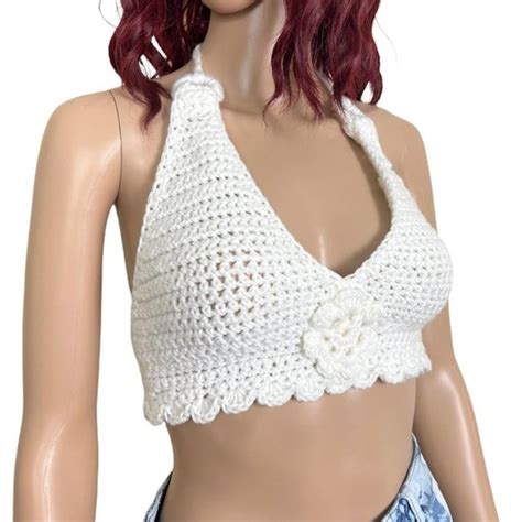 Handmade Tops Handmade Womens Crochet Crop Top One Size White