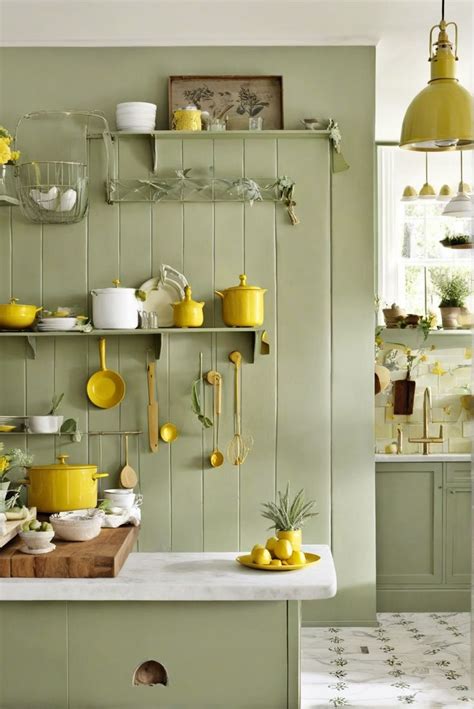 A Kitchen With Green Walls And Yellow Accessories On The Shelves Along