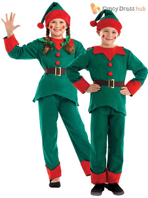 Kids Elf Costume Childs Christmas Fancy Dress Boys Girls Santas Little