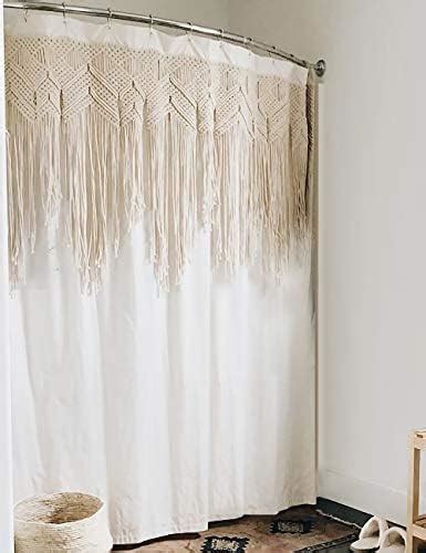 Yokii 72 Inch Ivory Fabric Boho Bathroom Shower Curtain Sets Inset Hand