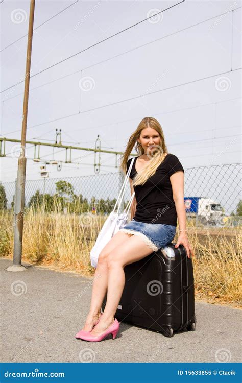 Girl Sitting On A Suitcase Stock Image Image Of Modern 15633855