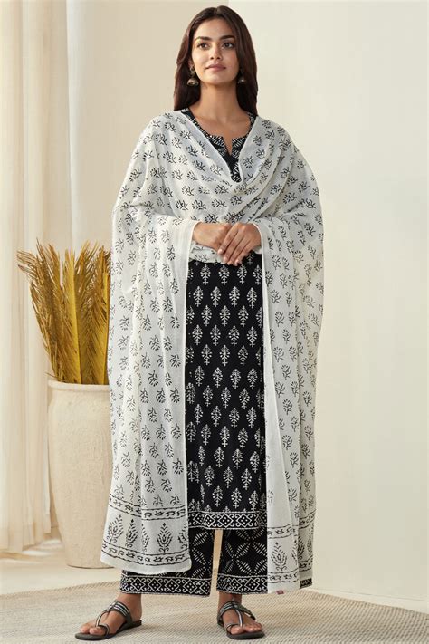 Buy Black Hand Block Printed Straight Cotton Kurta For Women Fgmk24 296 Farida Gupta