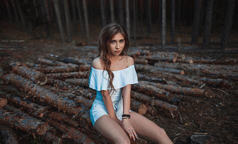 Wallpaper Sitting Trees Jean Shorts Bare Shoulders Forest