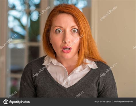 Redhead Woman Home Scared Shock Surprise Face Afraid Excited Fear Stock