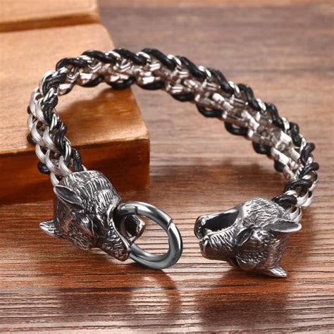 Bracelet Homme Tiss Double T Te De Loup Bible Cha Ne En Acier