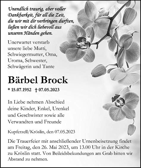 Traueranzeigen von Bärbel Brock trauer anzeigen de