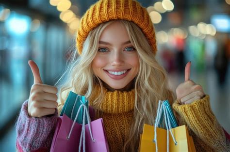 Joyful Blonde Shopper Smiling Woman With Shopping Bags Pointing And