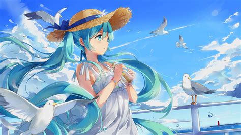 Wallpaper : Vocaloid, sea, seagulls, blue hair, clear sky, anime girls ...