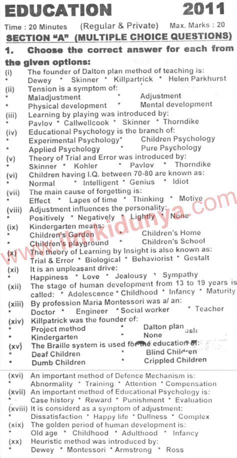 Karachi Board Education 1st Year Past Paper 2011 Arts Group Section A