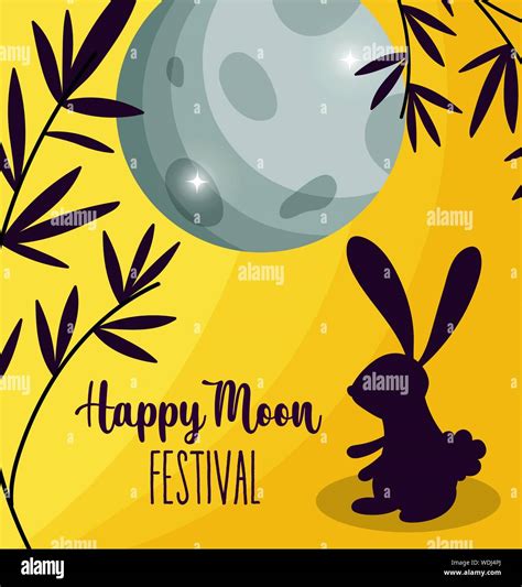 Black Rabbit Branch Leaves Happy Moon Festival Vector Illustration