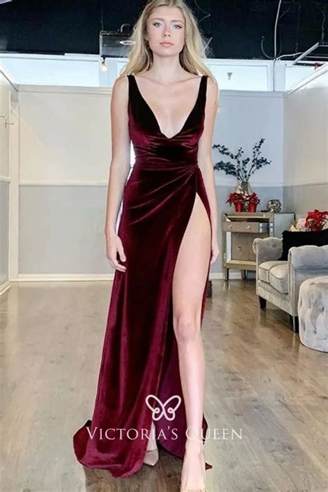 Simply Sexy Burgundy Velvet High Slit Prom Dress Vq