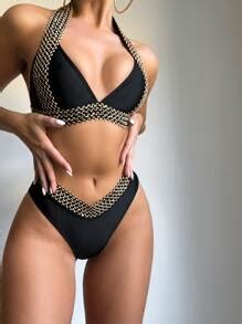 Shein Swim Chicsea Stitch Detail Halter Triangle Bikini Swimsuit Shein Usa